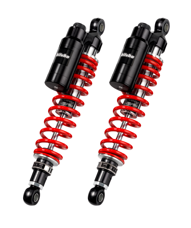 Bitubo WMT0 Twinshocks Adj.: Spring Preload, Reb., Comp., Length 360mm, Piggyback Tank Red Spring